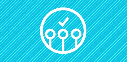 A white icon on a blue background.
