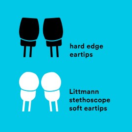 Illustration comparing Littmann stethoscope rounded soft eartips to hard-edged eartips.