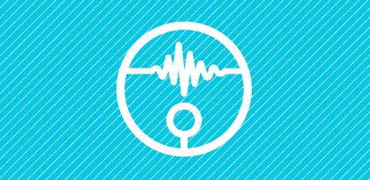 A white icon on a blue background.
