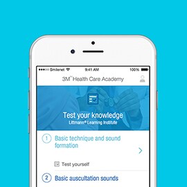 An image of a smart phone displaying the 3M™ Littmann® Learning Institute app.