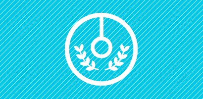 Circular white icon of an arrow on a computer screen with a cyan background. 
